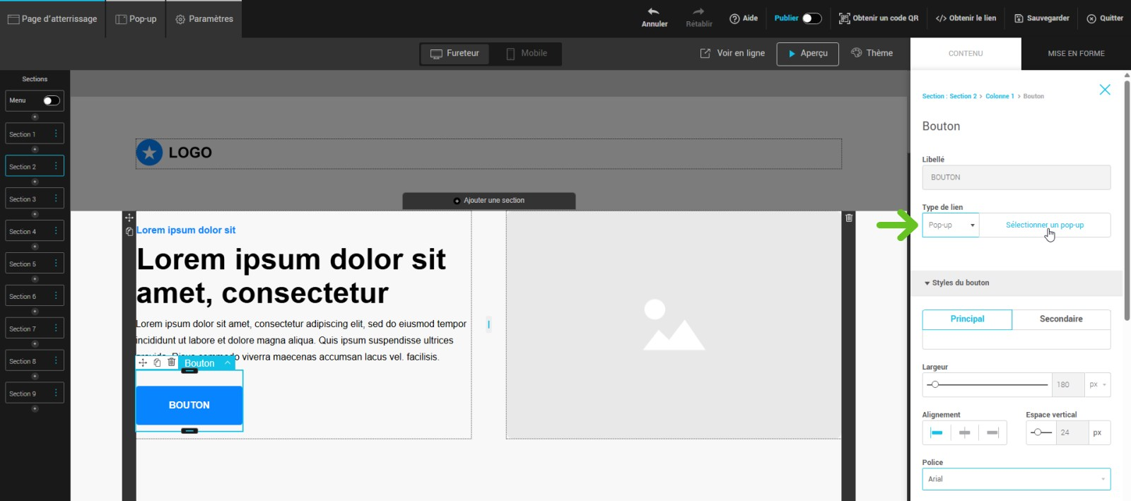 S&eacute;lectionnez un pop-up (type de lien)