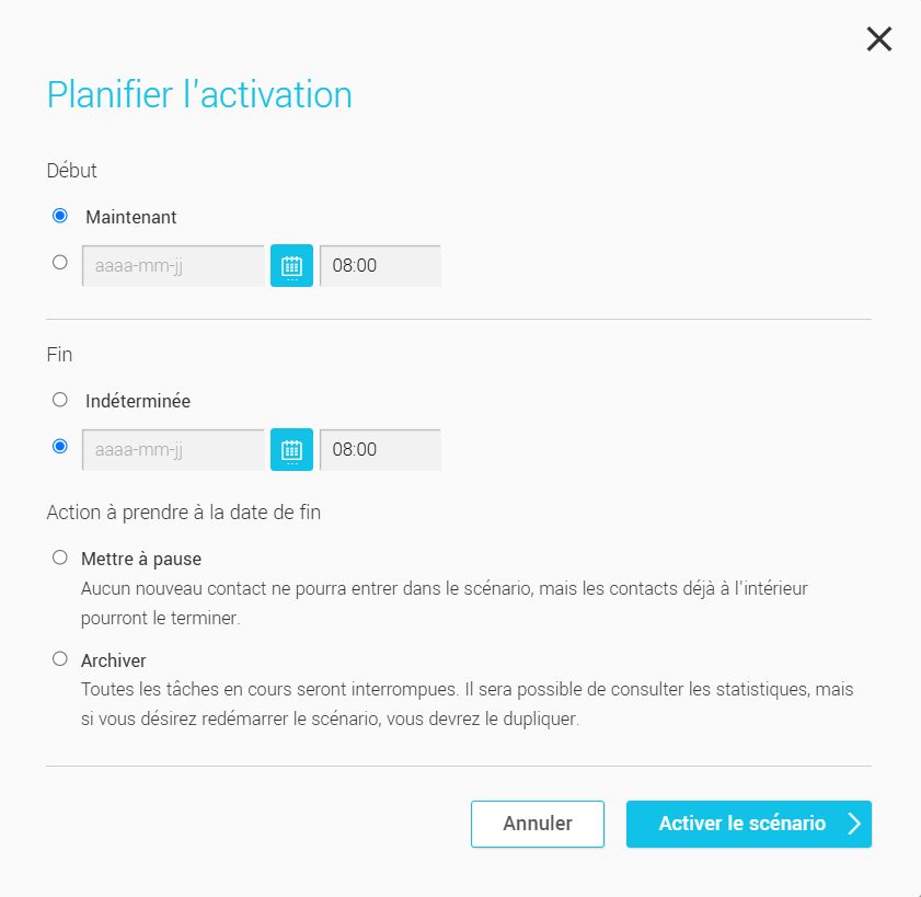Planifier l'activation du sc&eacute;nario