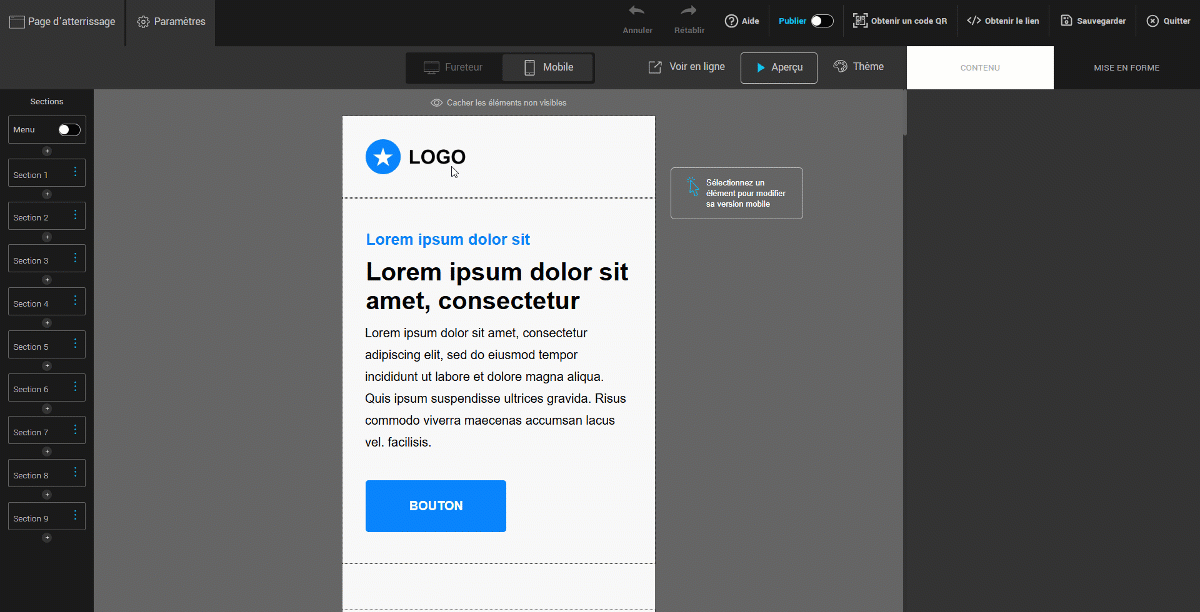 Sélectionner une section ou une colonne en mobile