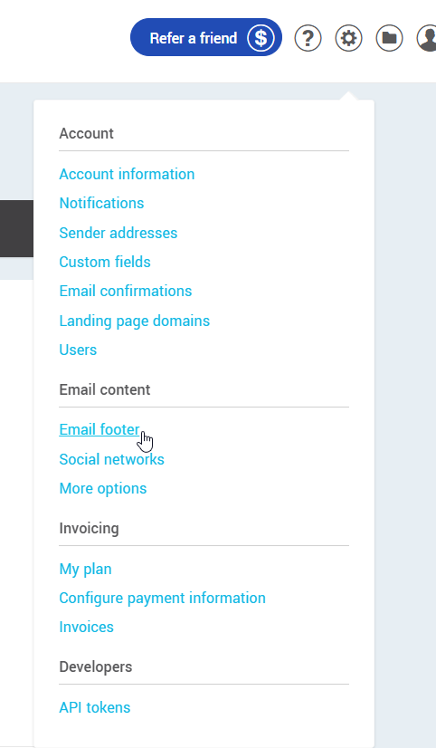 Email footer in settings and configurations