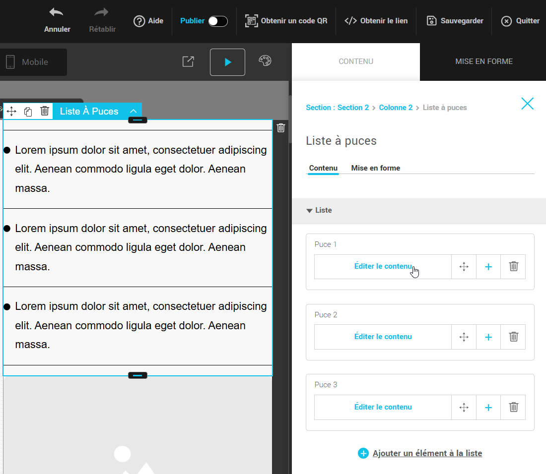 &Eacute;diter le contenu de votre liste &agrave; puces