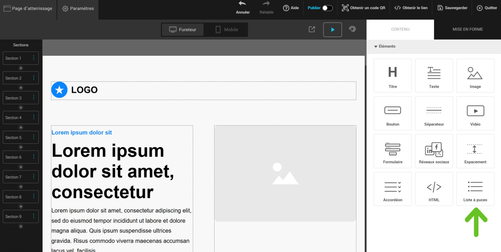 S&eacute;lectionner l'&eacute;l&eacute;ment liste &agrave; puces