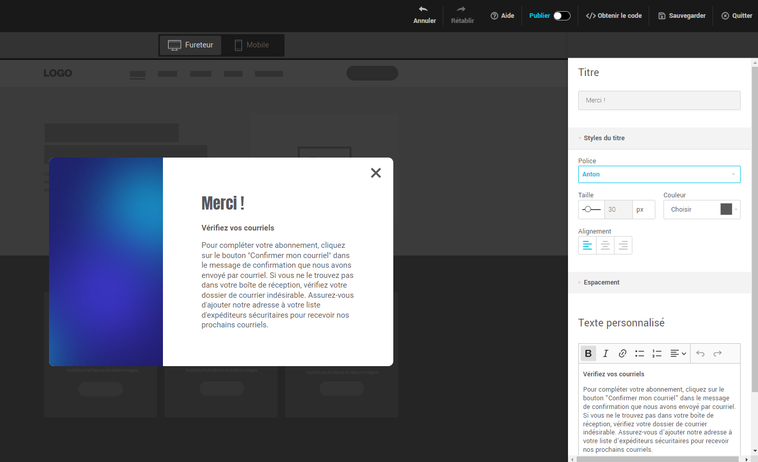 Personnalisation du texte du message de succ&egrave;s