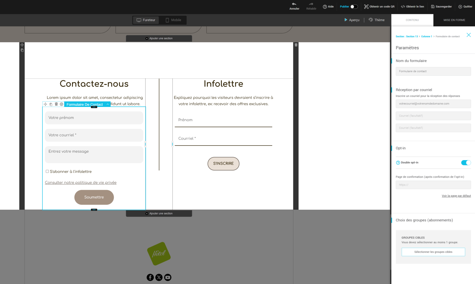 Param&egrave;tres du formulaire contact