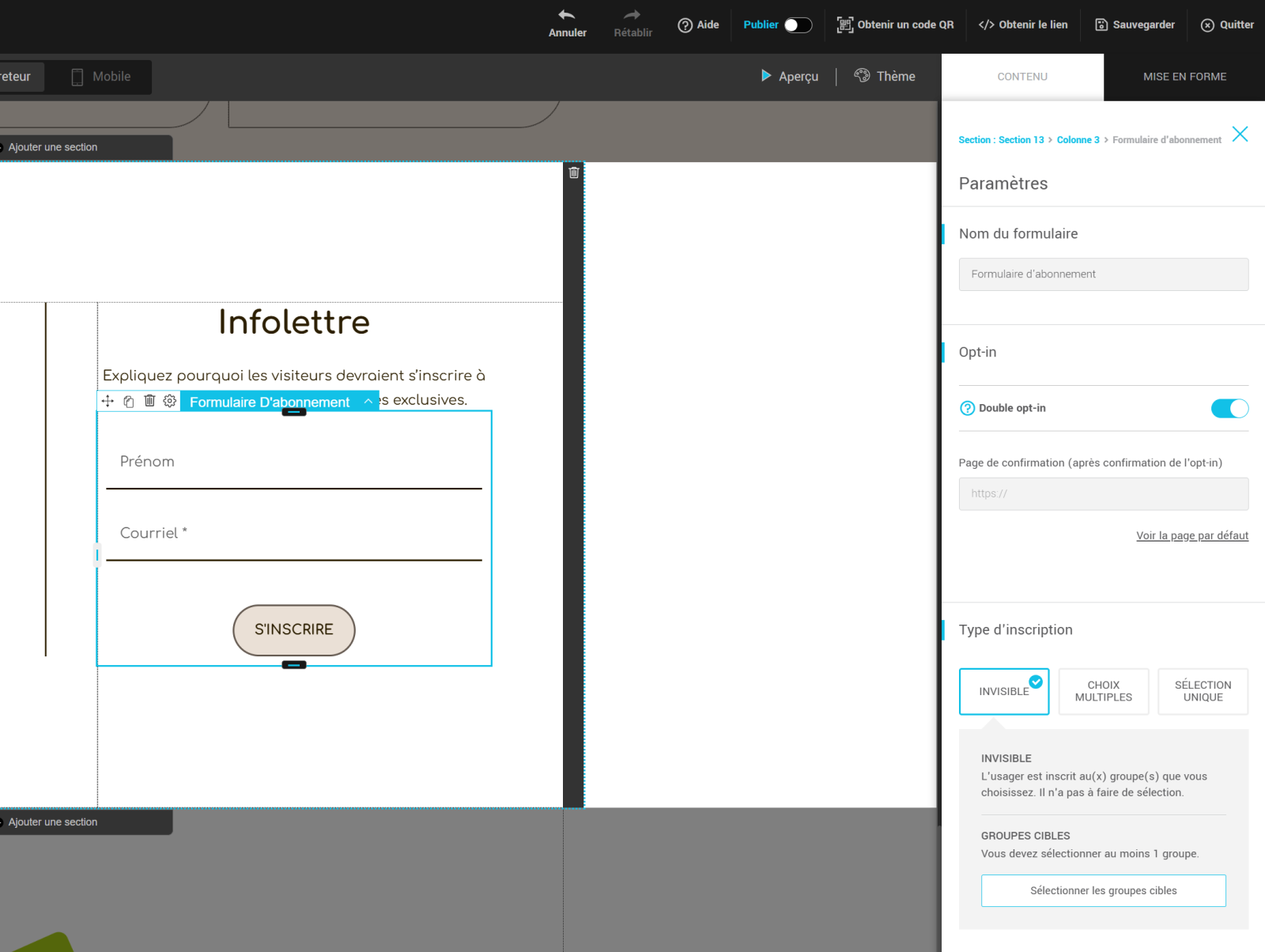 Param&egrave;tres du formulaire d'abonnement