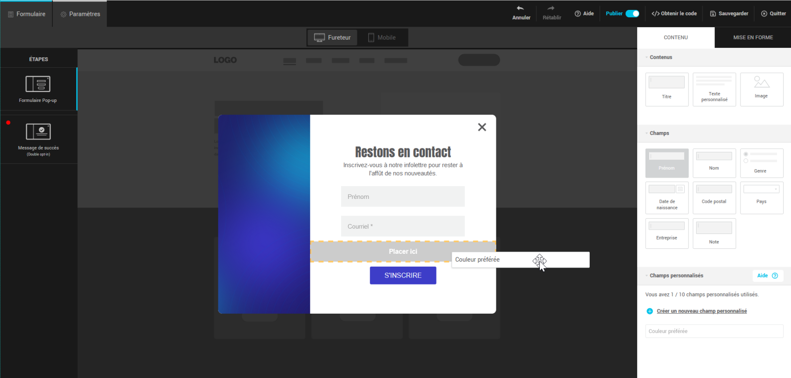 Glisser et d&eacute;poser un champ personnalis&eacute;