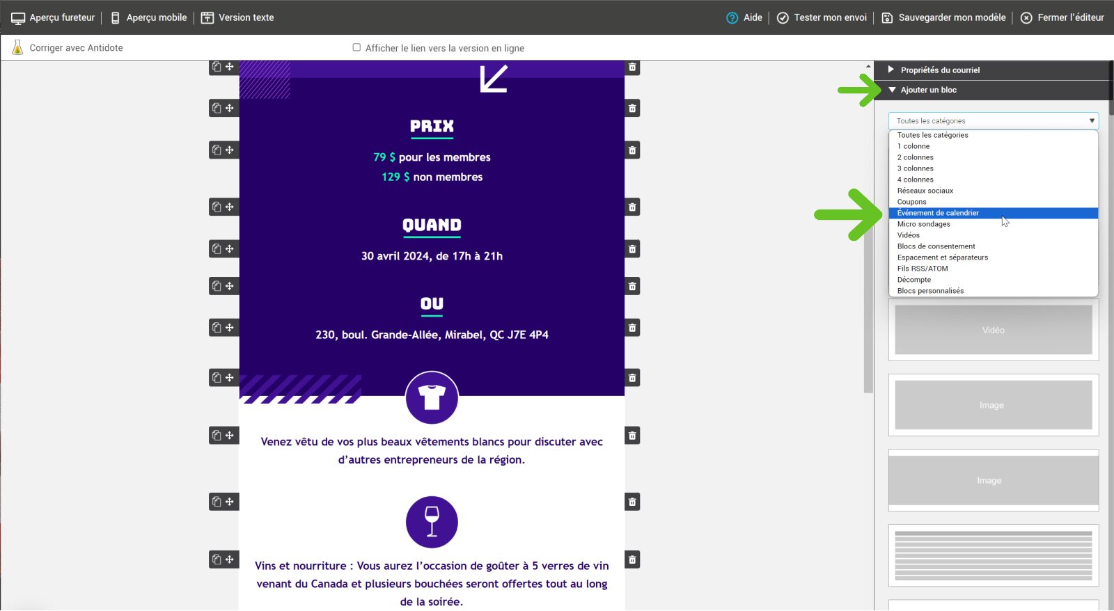 Ajouter un bloc &Eacute;v&eacute;nement de calendrier