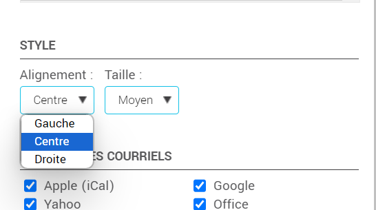 R&eacute;glez le style du bloc &Eacute;v&eacute;nement de calendrier, son alignement et la taille des ic&ocirc;nes.