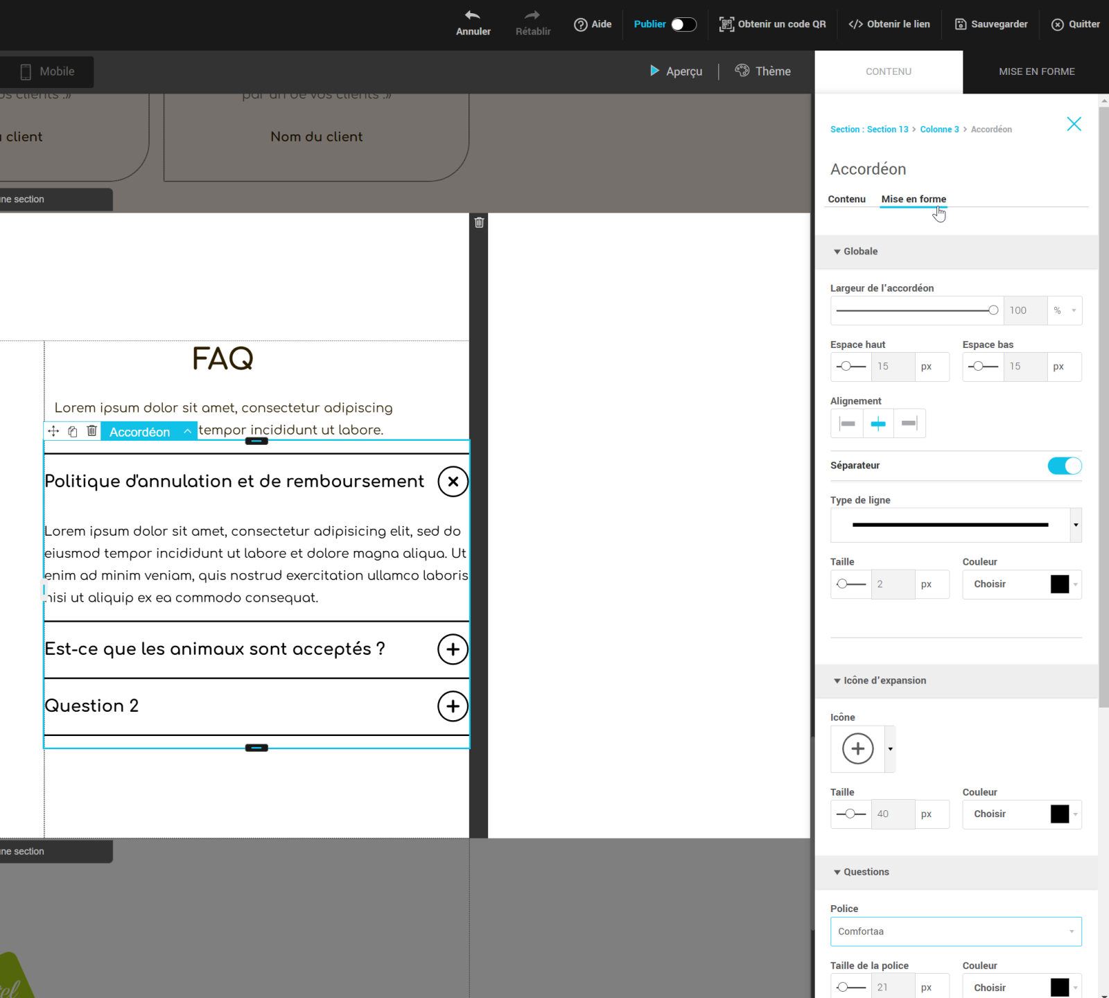 Panneau des options de mise en forme de l'accord&eacute;on