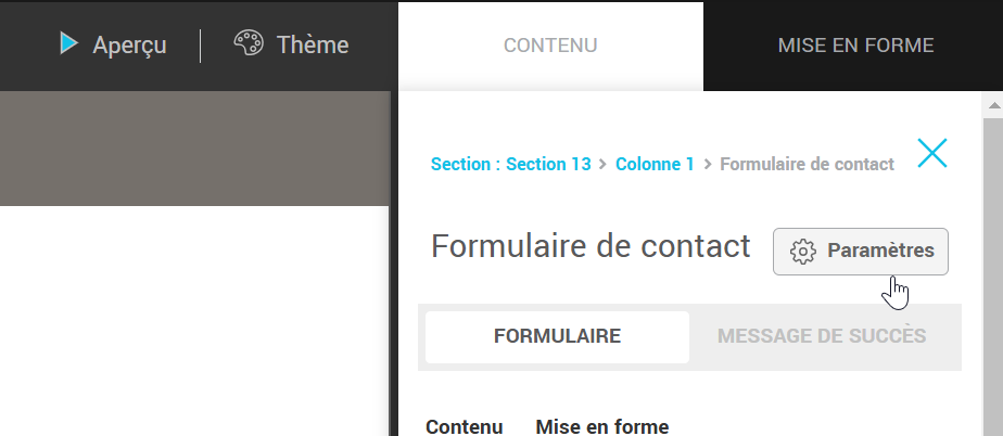Comment acc&eacute;der aux param&egrave;tres du formulaire contact