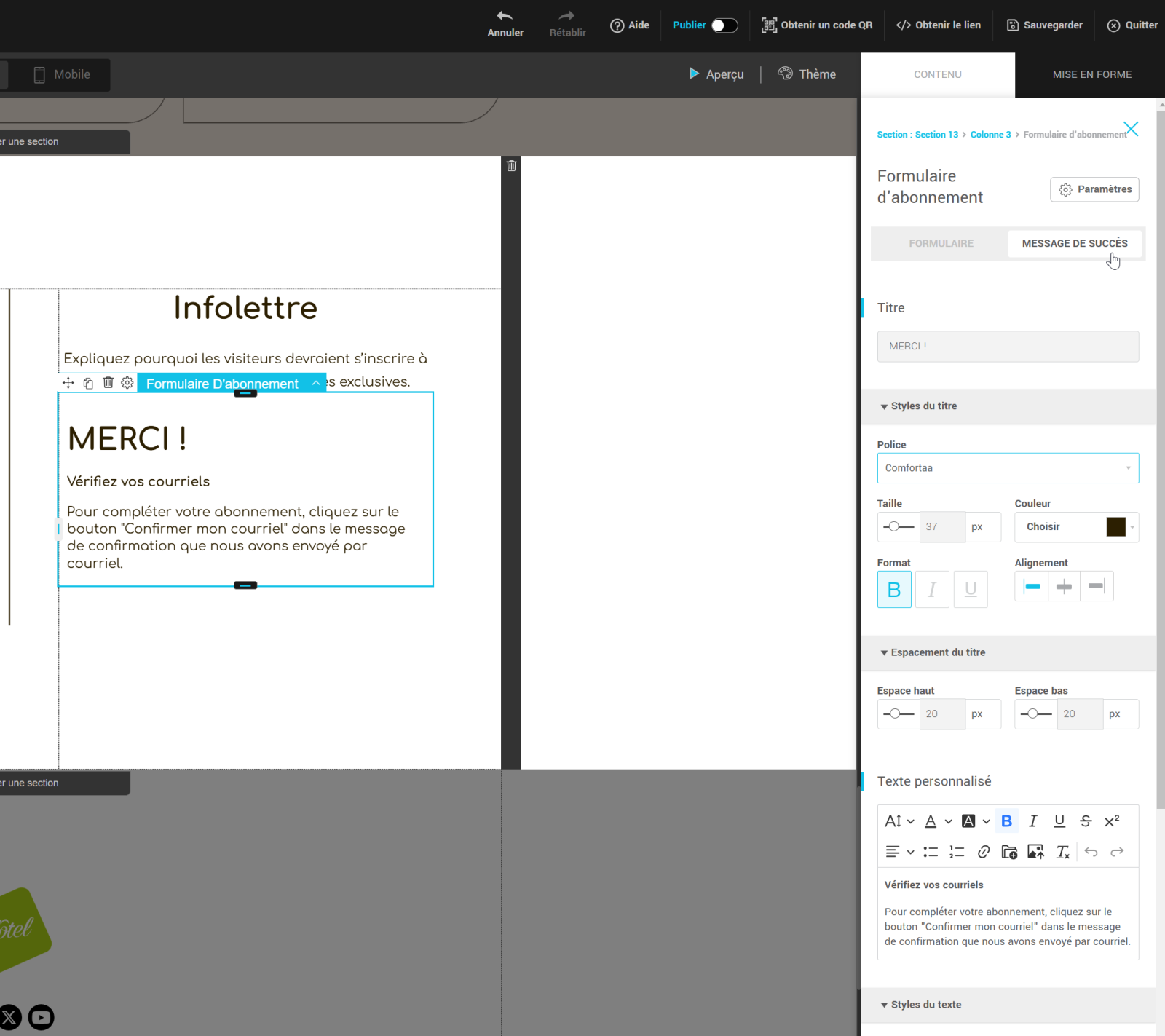 Panneau de personnalisation du message de succ&egrave;s
