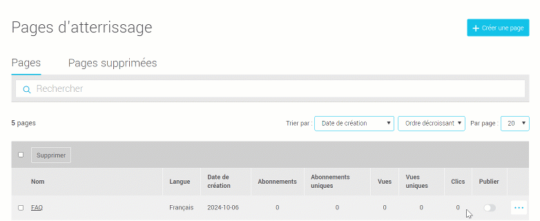 Publier ou d&eacute;publier sa page &agrave; partir de la liste des pages