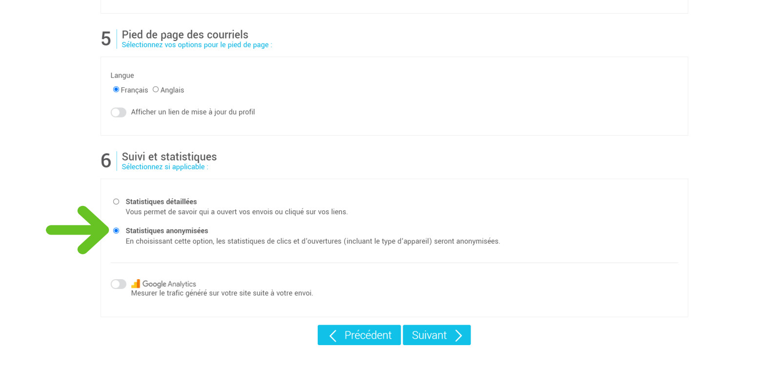Option Statistiques anonymis&eacute;es dans la configuration de l'envoi