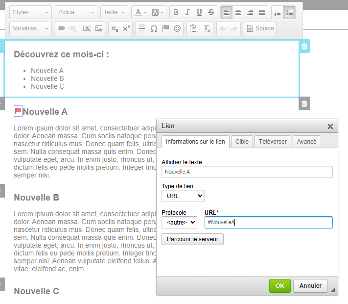 Cr&eacute;er un lien (ancre) dans un diff&eacute;rent bloc