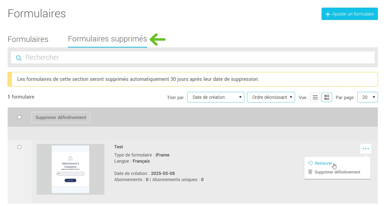 Restaurer un formulaire