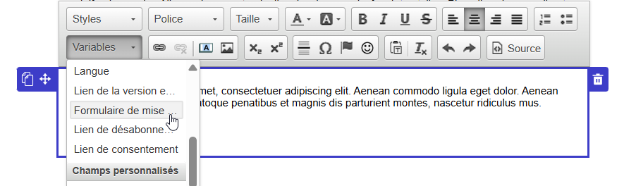 S&eacute;lectionner formulaire de mise &agrave; jour dans les variables