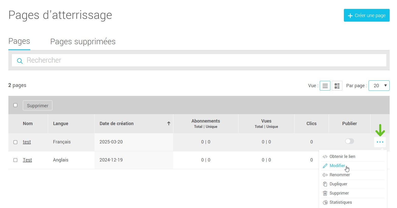 Modifier une page d'atterrissage