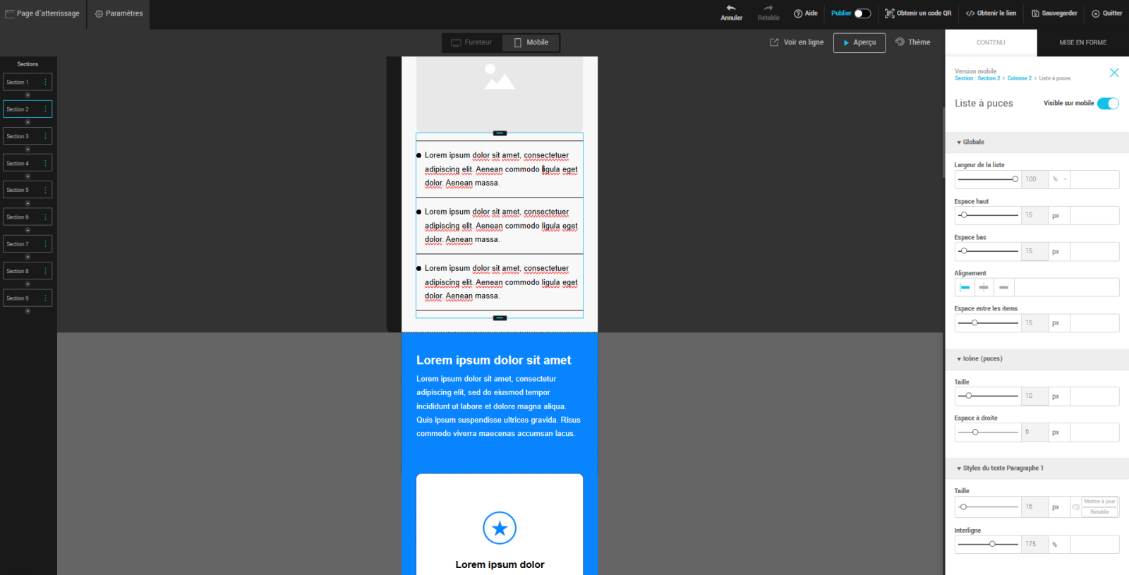 Mise en forme de la liste &agrave; puces version mobile