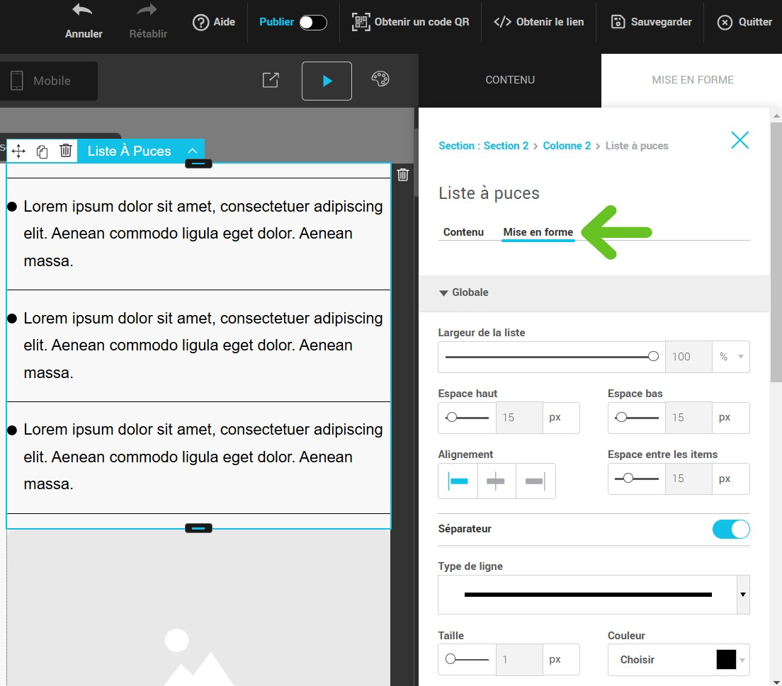 Cliquez sur Mise en forme pour modifier votre liste &agrave; puces