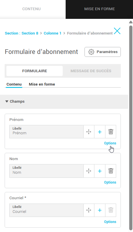 Options du formulaire