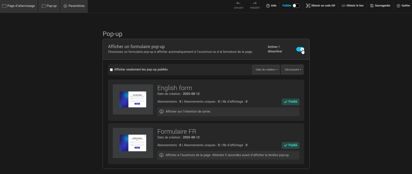 Activez l'interrupteur pour ajouter un formulaire pop-up