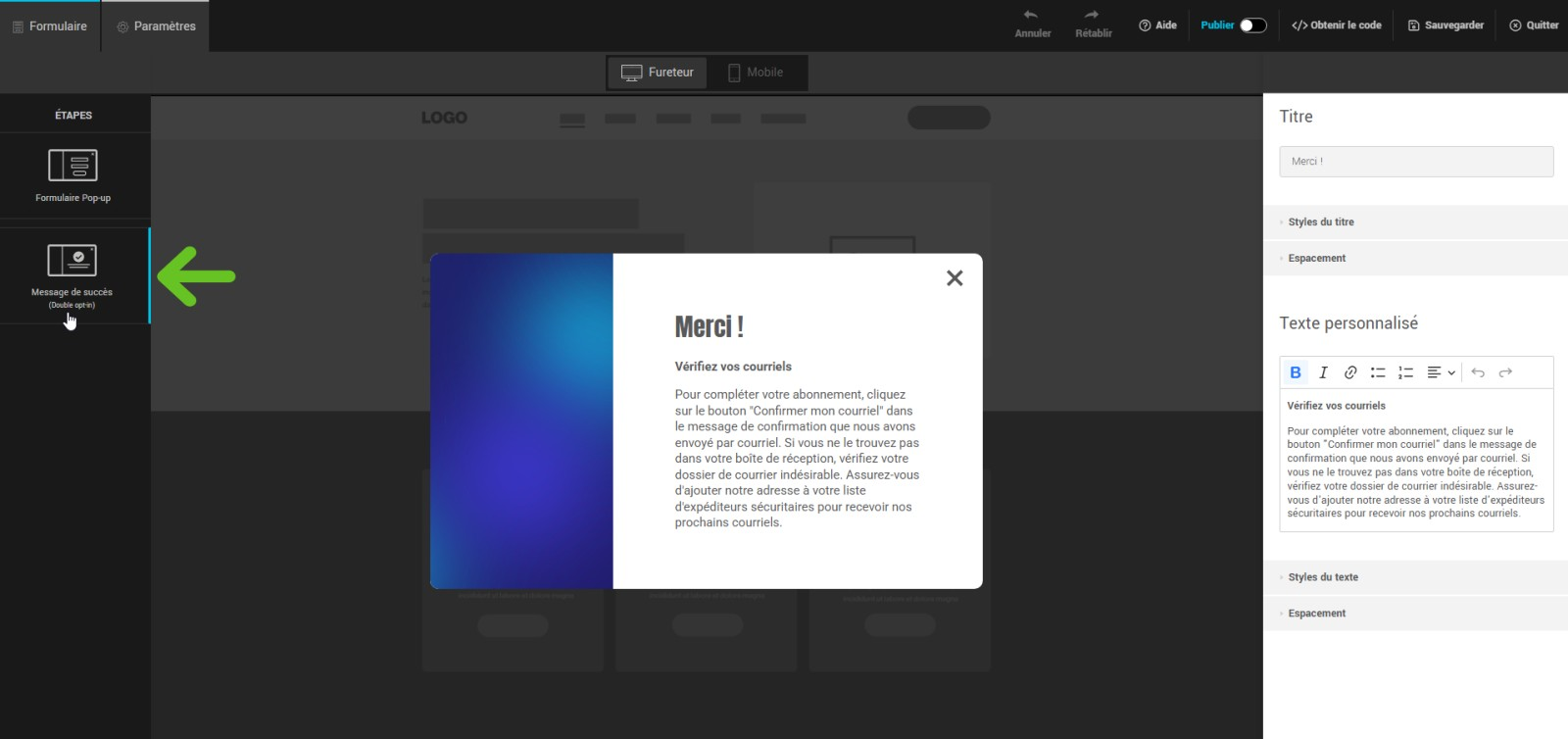 Message de succ&egrave;s du pop-up