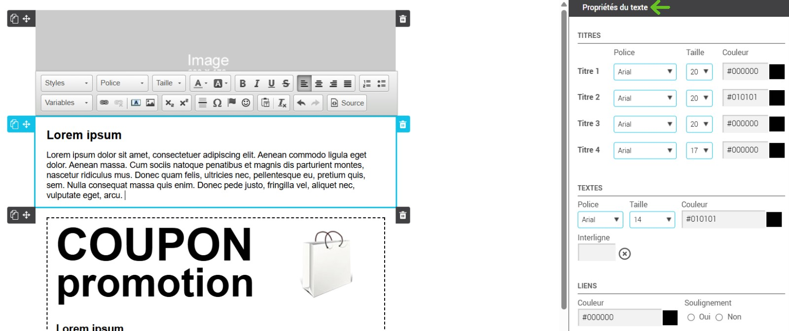 Propri&eacute;t&eacute;s du texte