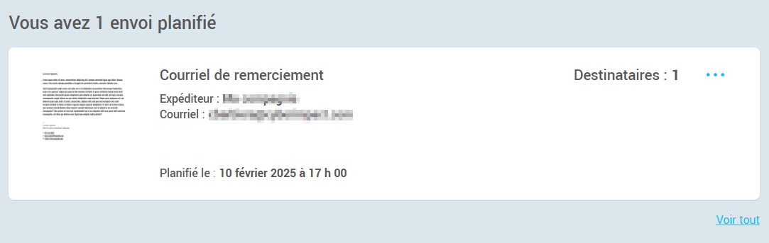 Envoi planifi&eacute; dans le tableau de bord