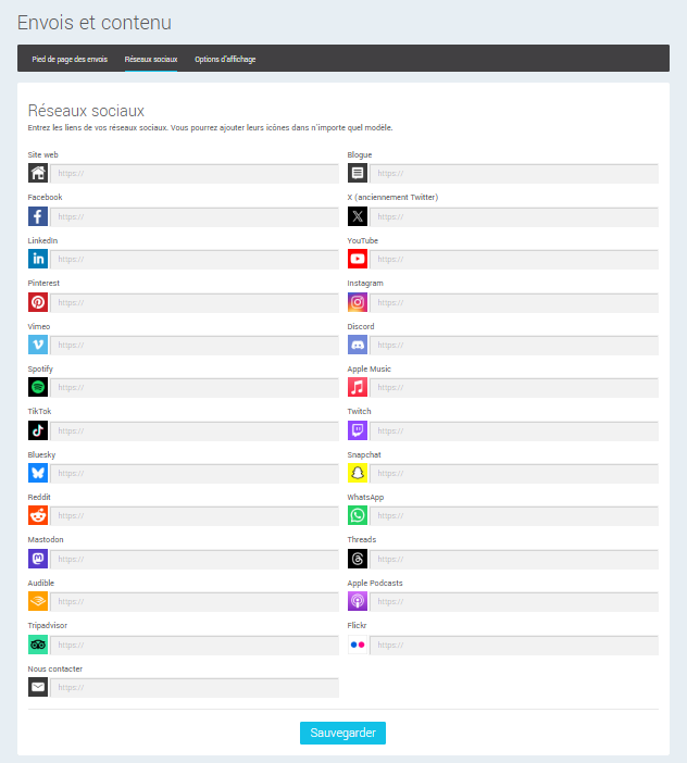 Configuration des r&eacute;seaux sociaux au compte