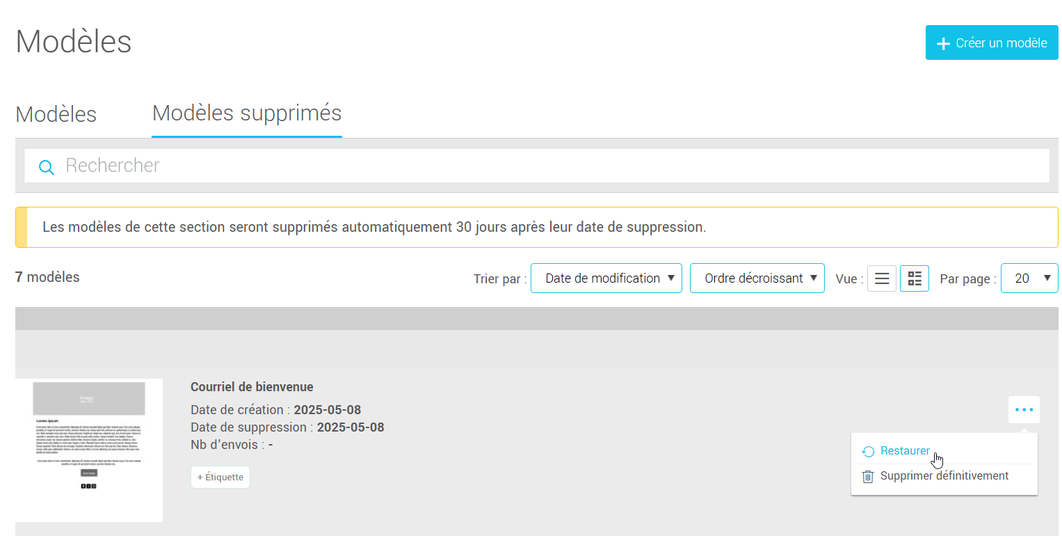 Restaurer un mod&egrave;le supprim&eacute;